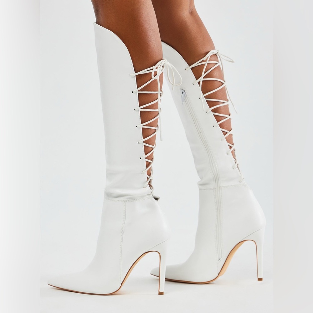 New Brand New Heel Boots - Tie Back White Knee High